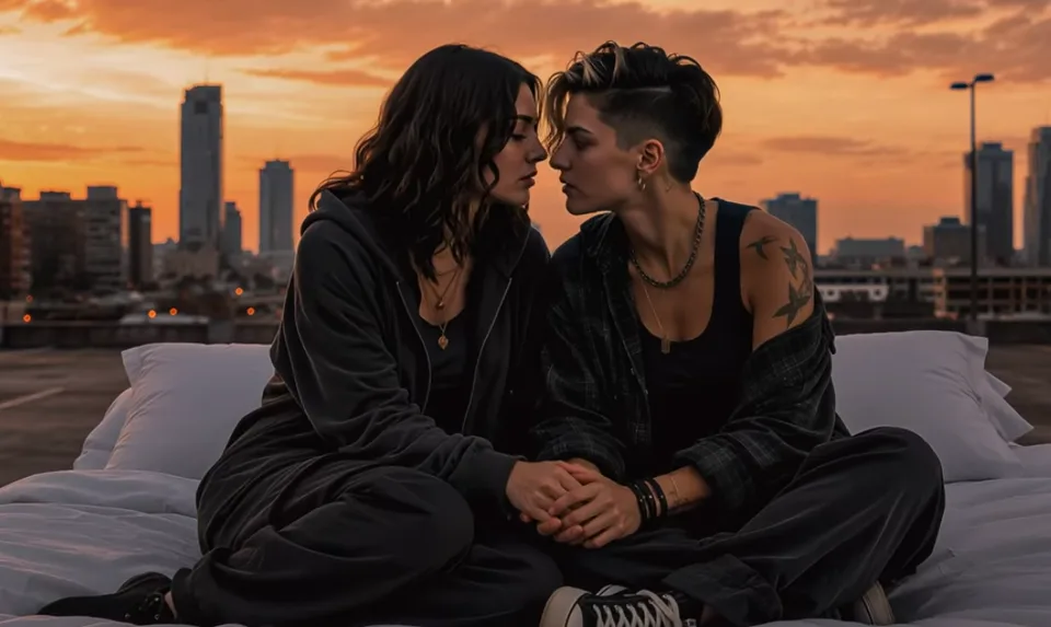 KI-generiertes Standbild aus „AI Made the Love Story Some Countries Still Ban“: zwei Frauen sitzen bei Sonnenuntergang eng beieinander auf einem Bett über der Stadt.