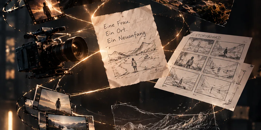 KI-generiertes Bild: Storyboard-Skizzen und eine Notiz „Eine Frau. Ein Ort. Ein Neuanfang.“ schweben neben einer Filmkamera und Filmstreifen.